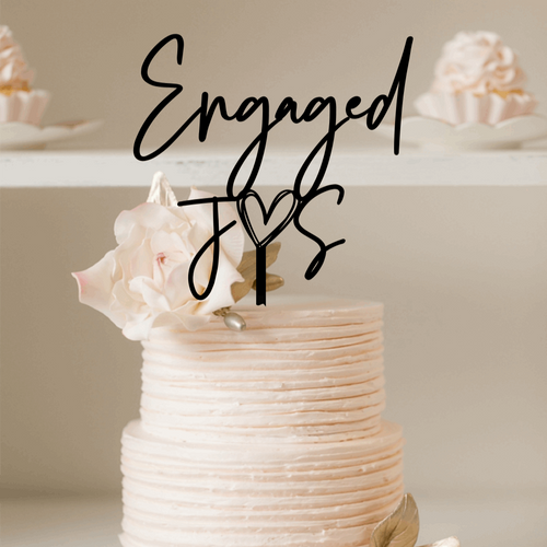 Cake Topper - Engaged Heart w Initials Silver Belle Design