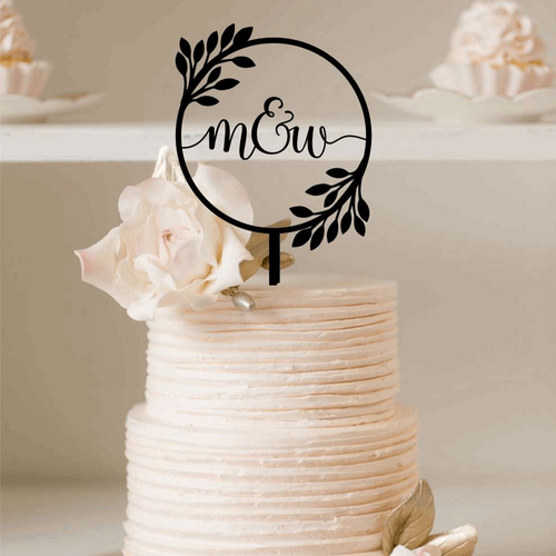 Cake Topper - Round Wreath with Cursive Initials Silver Belle Design