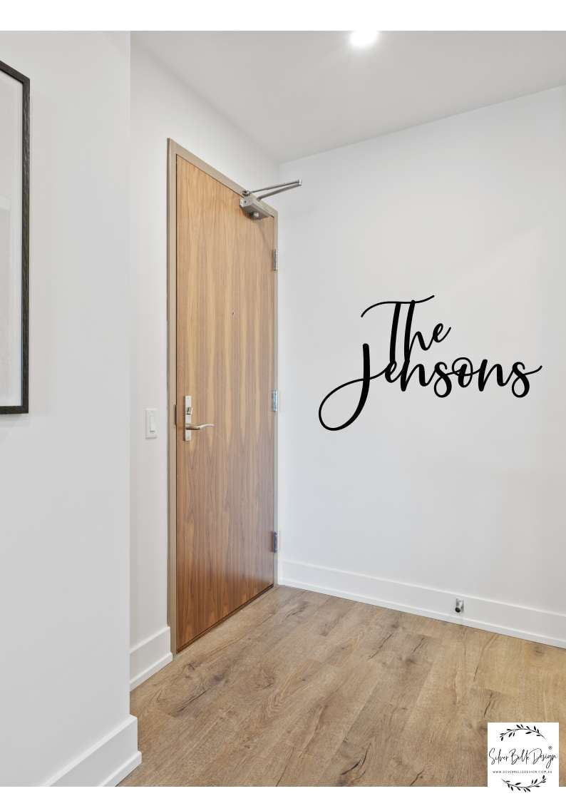 Script Name Plaque Wall Sign Family Modern Silver Belle Design