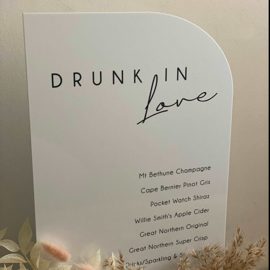 A4 Acrylic Table Sign -Drinks Menu - Drunk In Love Silver Belle Design
