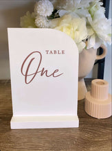 Load image into Gallery viewer, Acrylic Table Numbers - Half Sail Shape Silver Belle Design

