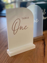 Load image into Gallery viewer, Acrylic Table Numbers - Half Sail Shape Silver Belle Design
