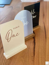 Load image into Gallery viewer, Acrylic Table Numbers with Timber Base Silver Belle Design
