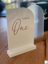 Load image into Gallery viewer, Acrylic Table Numbers with Timber Base Silver Belle Design
