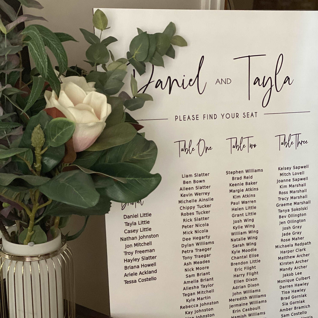 Acrylic Table Seating Plan - Tayla Silver Belle Design