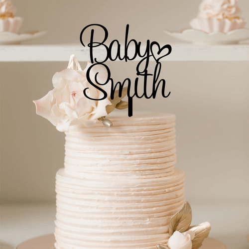 Cake Topper - Baby Surname with Cute Heart Silver Belle Design