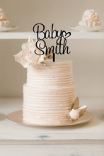 Load image into Gallery viewer, Cake Topper - Baby Surname with Cute Heart Silver Belle Design

