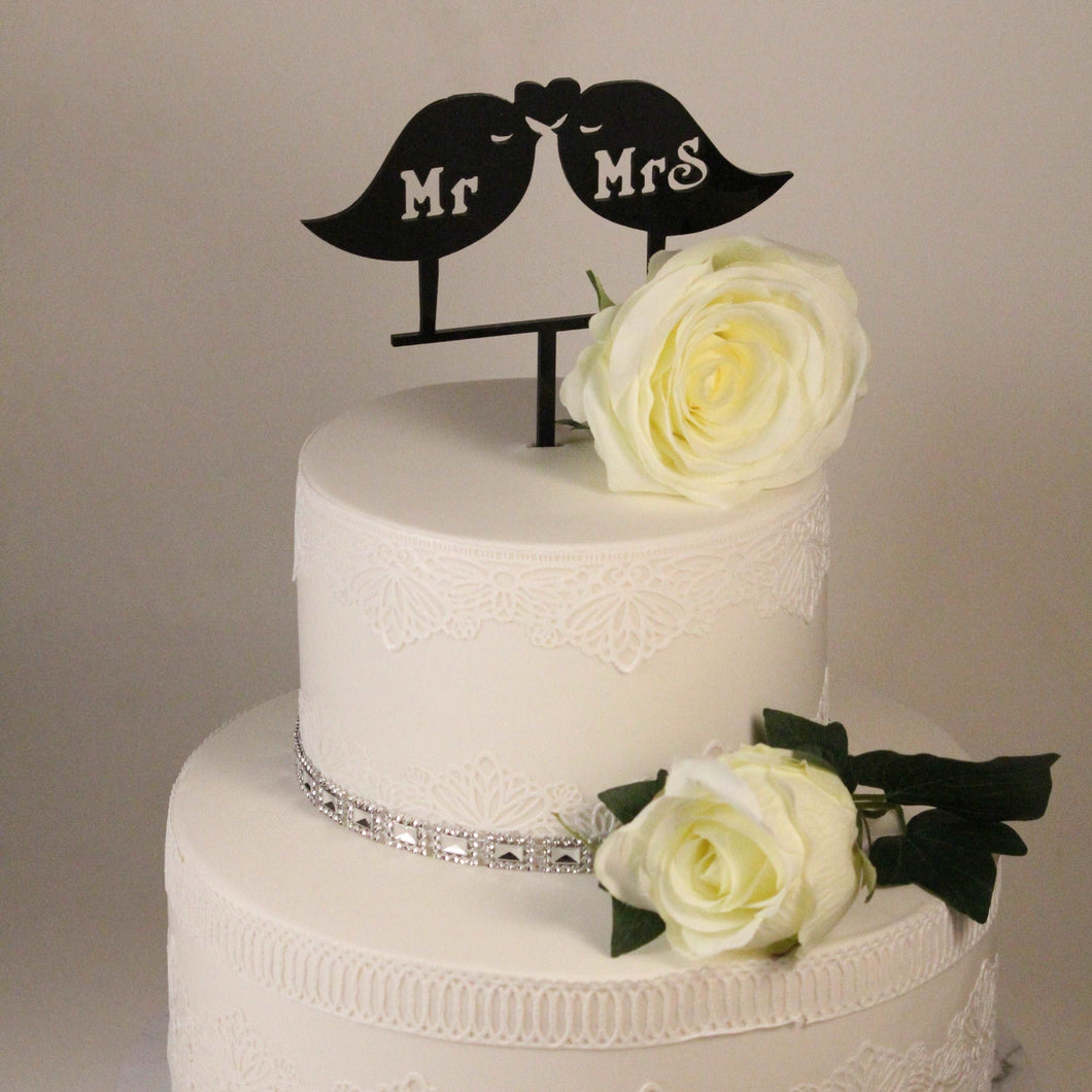 Cake Topper - Birds with Mr & Mrs Silver Belle Design