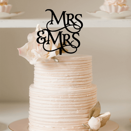 Cake Topper - Cursive Mrs & Mrs Silver Belle Design