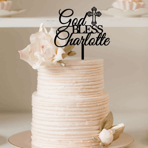 Cake Topper - God Bless Christening Baptism Silver Belle Design