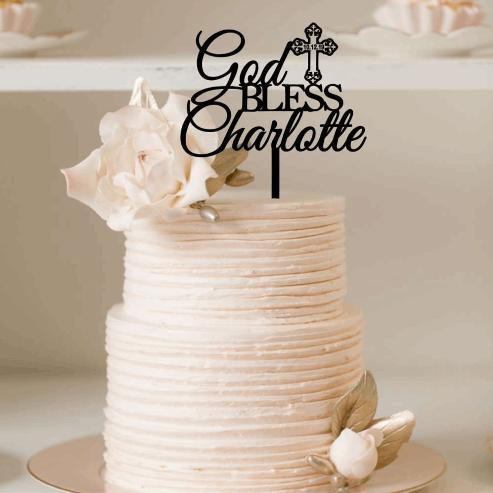 Cake Topper - God Bless Christening Baptism Silver Belle Design