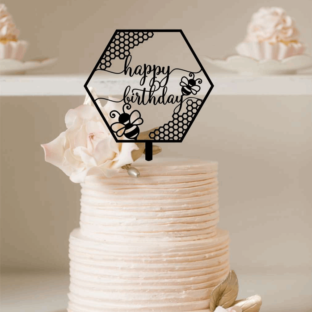Cake Topper - Happy Birthday Bees Silver Belle Design