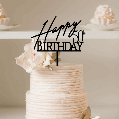 Cake Topper - Happy Birthday Scrip + Block Silver Belle Design