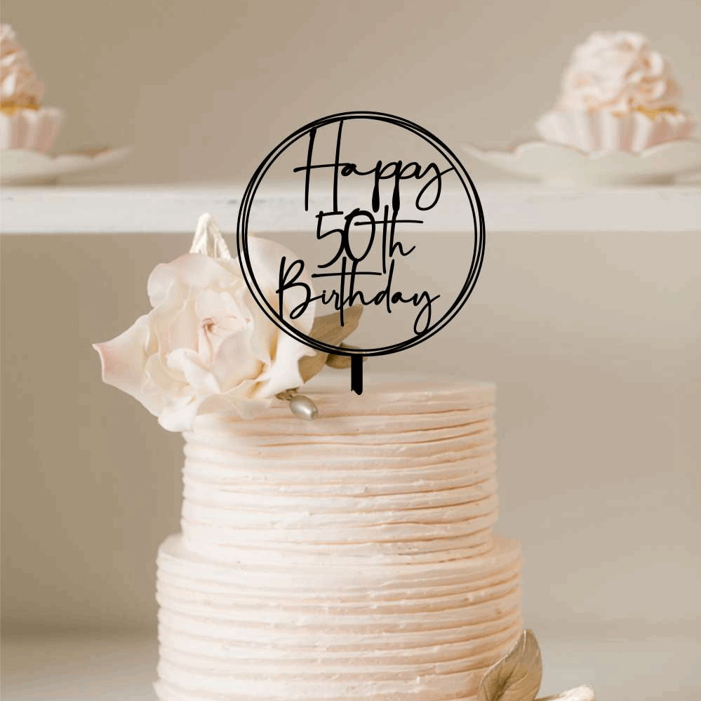 Cake Topper - Happy Birthday Scrip + Wreath Silver Belle Design