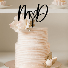 Load image into Gallery viewer, Cake Topper - Modern Script Initials with cute heart Silver Belle Design

