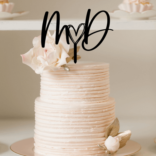 Cake Topper - Modern Script Initials with cute heart Silver Belle Design