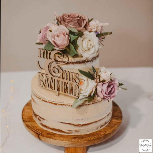 Cake Topper - Mr & Mrs Block Font + Script - Banfield Silver Belle Design
