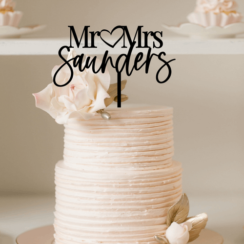 Cake Topper - Mr & Mrs Block with Script Heart Silver Belle Design