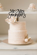 Load image into Gallery viewer, Cake Topper - Mr &amp; Mrs Block with Script Heart Silver Belle Design
