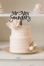 Load image into Gallery viewer, Cake Topper - Mr &amp; Mrs Modern Script Heart Silver Belle Design
