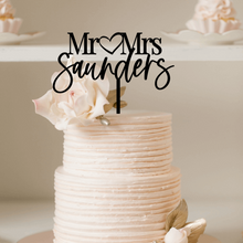 Load image into Gallery viewer, Cake Topper - Mr &amp; Mrs Modern Script Heart Silver Belle Design
