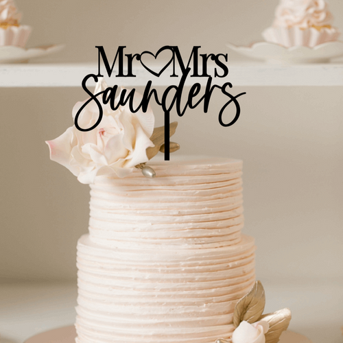 Cake Topper - Mr & Mrs Modern Script Heart Silver Belle Design