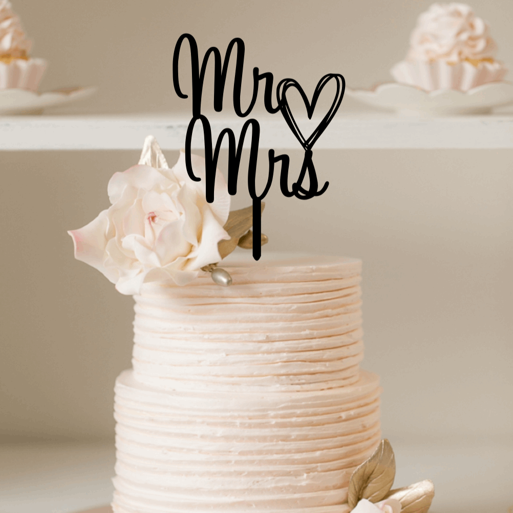 Cake Topper - Mr & Mrs Script with Heart Silver Belle Design