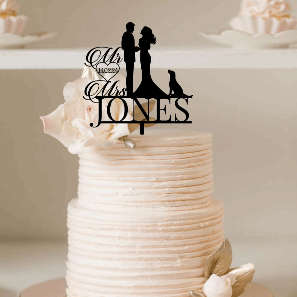 Cake Topper - Mr & Mrs Silhouette + dog #4 Silver Belle Design