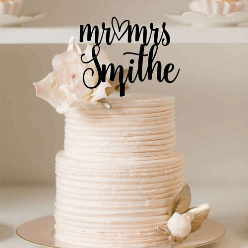 Cake Topper - Mr & Mrs Surname with cute heart Silver Belle Design