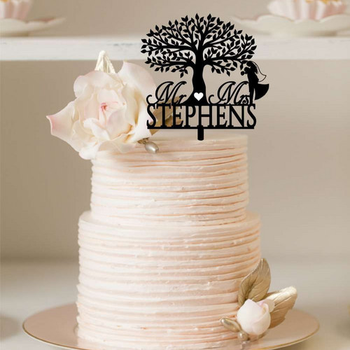 Cake Topper Mr & Mrs + Tree with Bride and Groom Silver Belle Design