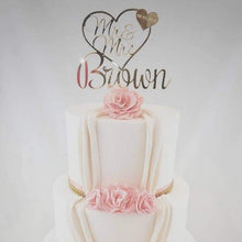 Load image into Gallery viewer, Cake Topper - Mr &amp; Mrs with hearts Silver Belle Design
