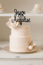 Load image into Gallery viewer, Cake Topper - Script Custom Names with Heart Silver Belle Design
