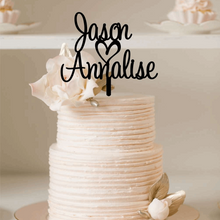 Load image into Gallery viewer, Cake Topper - Script Custom Names with Heart Silver Belle Design
