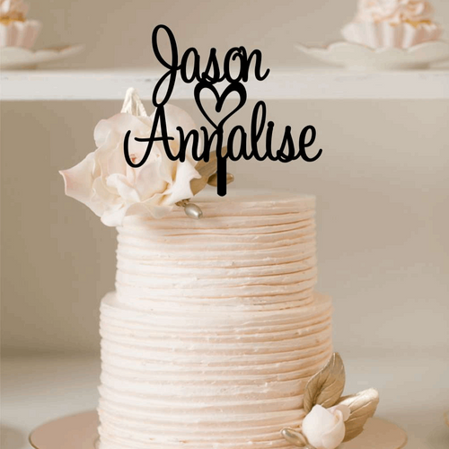 Cake Topper - Script Custom Names with Heart Silver Belle Design