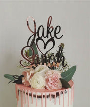 Load image into Gallery viewer, Cake Topper - Script Custom Names with Heart Silver Belle Design
