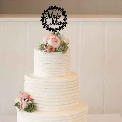 Cake Topper - Wreath Mr & Mrs Silver Belle Design
