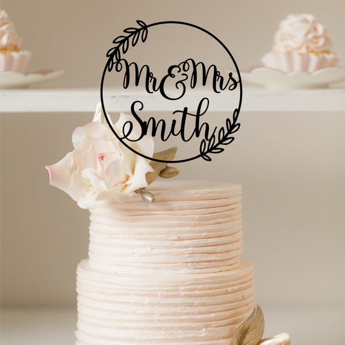 Cake Topper - Wreath w Mr & Mrs Smith Silver Belle Design
