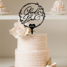 Load image into Gallery viewer, Cake Topper - Wreath with Script Names + Date Silver Belle Design
