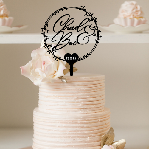 Cake Topper - Wreath with Script Names + Date Silver Belle Design