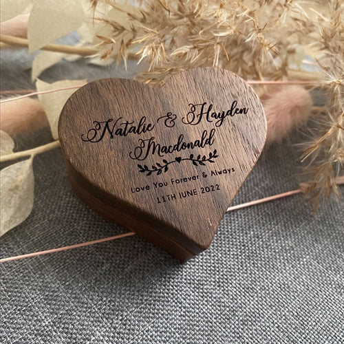 Heart Shaped Timber Ring Box Personalised Silver Belle Design