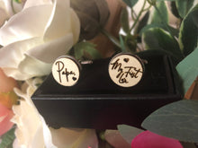 Load image into Gallery viewer, Laser Cut Timber Engraved Personalised Cufflinks Silver Belle Design
