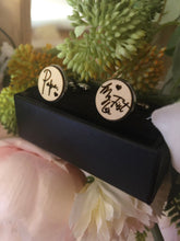 Load image into Gallery viewer, Laser Cut Timber Engraved Personalised Cufflinks Silver Belle Design
