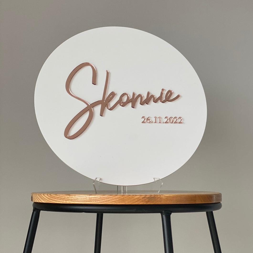 Round Acrylic Sign with 3D Lettering Silver Belle Design