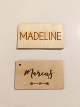 Load image into Gallery viewer, Solid Timber Place Name Tag Silver Belle Design
