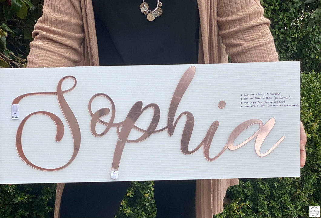 'Sophia' Rose Gold Script Name Plaque (ONE ONLY) Silver Belle Design