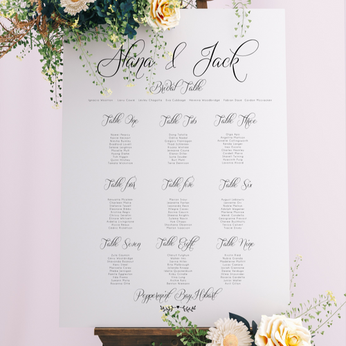 Table Seating Plan - Ava Modern Script Design Silver Belle Design