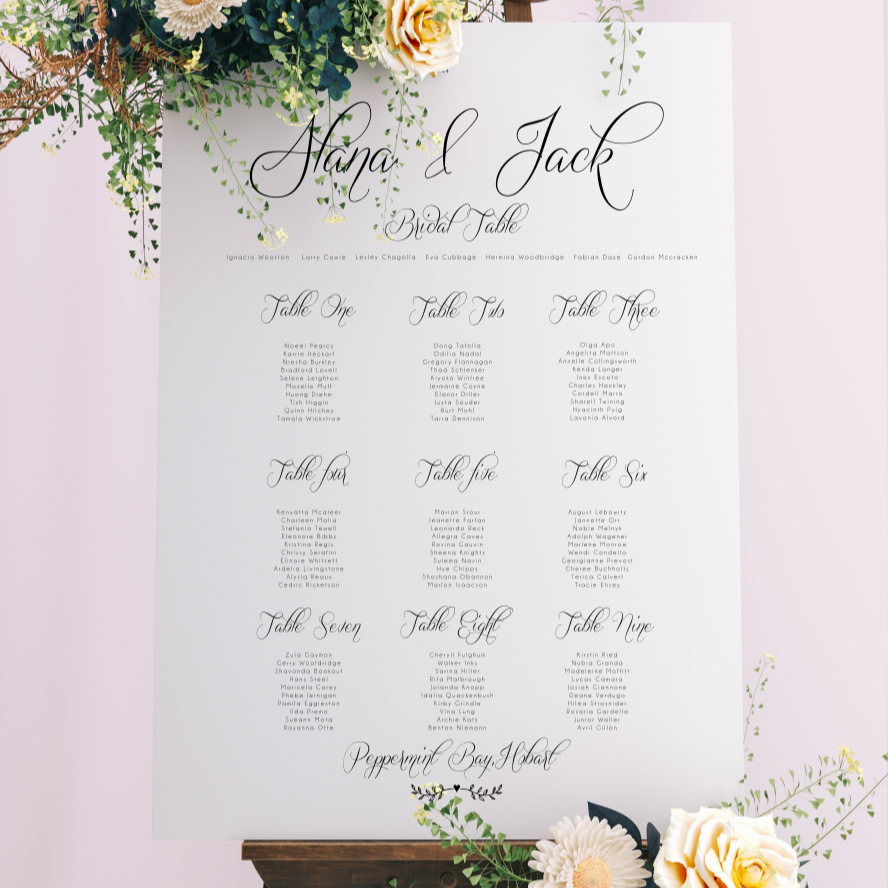 Table Seating Plan - Ava Modern Script Design Silver Belle Design