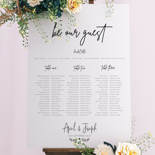 Table Seating Plan - Be Our Guest Modern Script Design Silver Belle Design