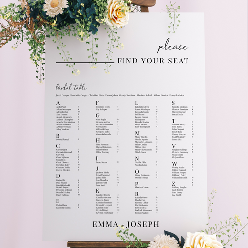 Table Seating Plan - Emma Modern Script Design Silver Belle Design