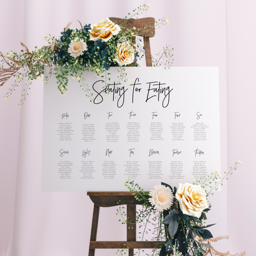 Table Seating Plan - Seating For Eating Modern Script Design Silver Belle Design